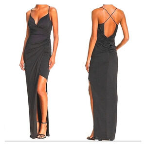 BARIANO Satin asymmetrical ruched waist dress in black. Size small NWT